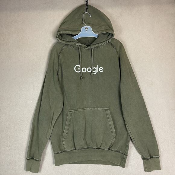 Google Hoodie Mens M Green Regular Fit Logo Print Pockets Pullover Sweatshirt - Picture 1 of 10